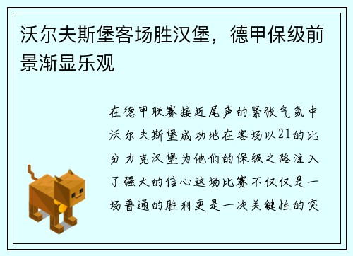 沃尔夫斯堡客场胜汉堡，德甲保级前景渐显乐观