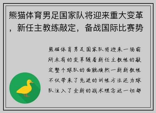 熊猫体育男足国家队将迎来重大变革，新任主教练敲定，备战国际比赛势在必行
