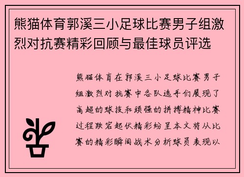 熊猫体育郭溪三小足球比赛男子组激烈对抗赛精彩回顾与最佳球员评选