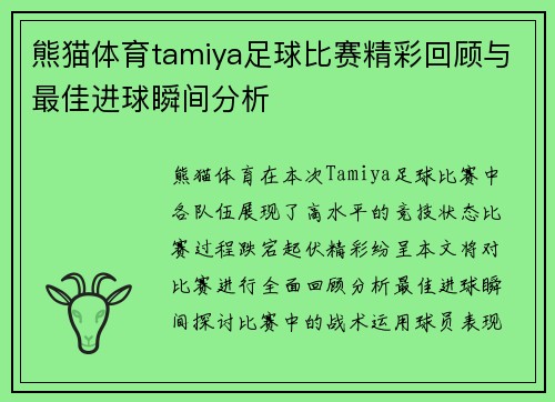 熊猫体育tamiya足球比赛精彩回顾与最佳进球瞬间分析
