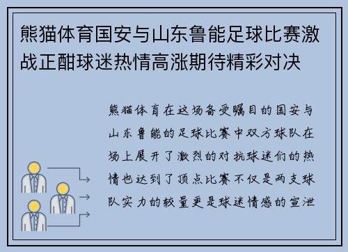 熊猫体育国安与山东鲁能足球比赛激战正酣球迷热情高涨期待精彩对决