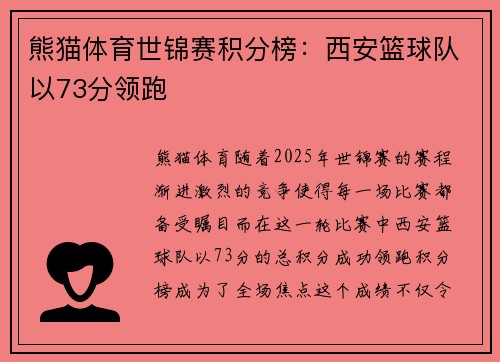 熊猫体育世锦赛积分榜：西安篮球队以73分领跑
