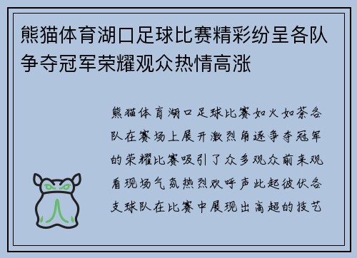 熊猫体育湖口足球比赛精彩纷呈各队争夺冠军荣耀观众热情高涨