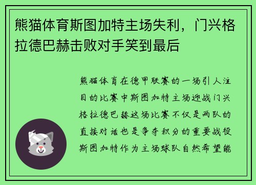熊猫体育斯图加特主场失利，门兴格拉德巴赫击败对手笑到最后