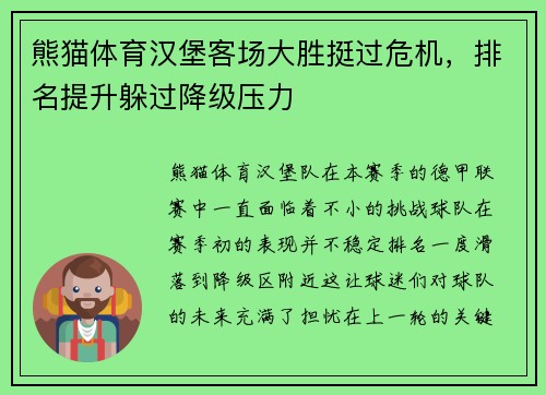 熊猫体育汉堡客场大胜挺过危机，排名提升躲过降级压力