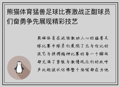熊猫体育猛兽足球比赛激战正酣球员们奋勇争先展现精彩技艺