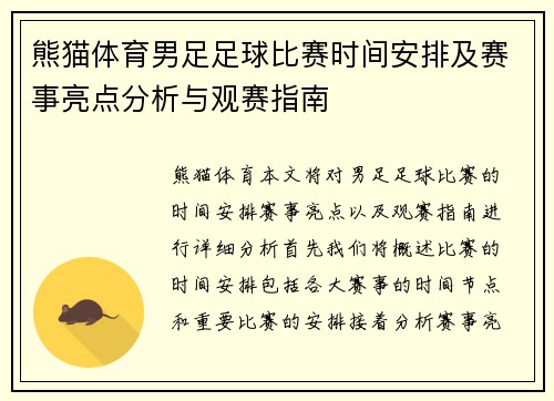 熊猫体育男足足球比赛时间安排及赛事亮点分析与观赛指南