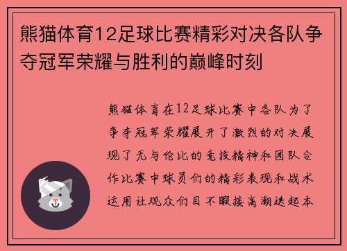 熊猫体育12足球比赛精彩对决各队争夺冠军荣耀与胜利的巅峰时刻