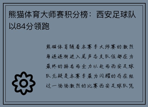 熊猫体育大师赛积分榜：西安足球队以84分领跑
