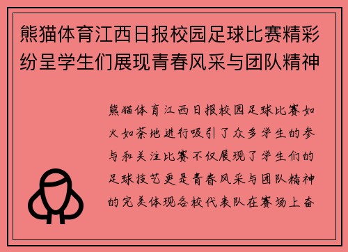 熊猫体育江西日报校园足球比赛精彩纷呈学生们展现青春风采与团队精神