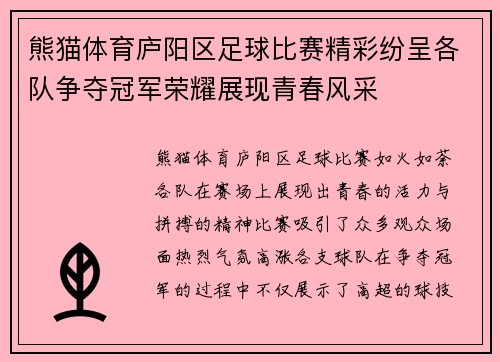 熊猫体育庐阳区足球比赛精彩纷呈各队争夺冠军荣耀展现青春风采