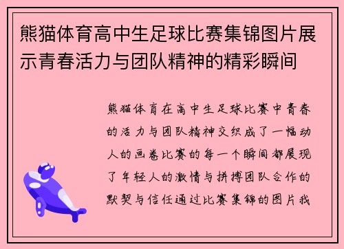 熊猫体育高中生足球比赛集锦图片展示青春活力与团队精神的精彩瞬间