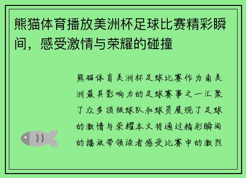 熊猫体育播放美洲杯足球比赛精彩瞬间，感受激情与荣耀的碰撞