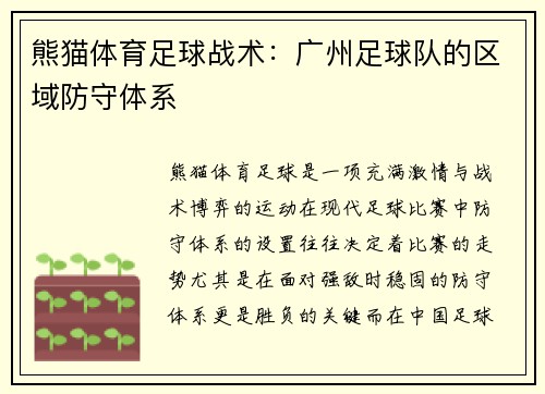 熊猫体育足球战术：广州足球队的区域防守体系